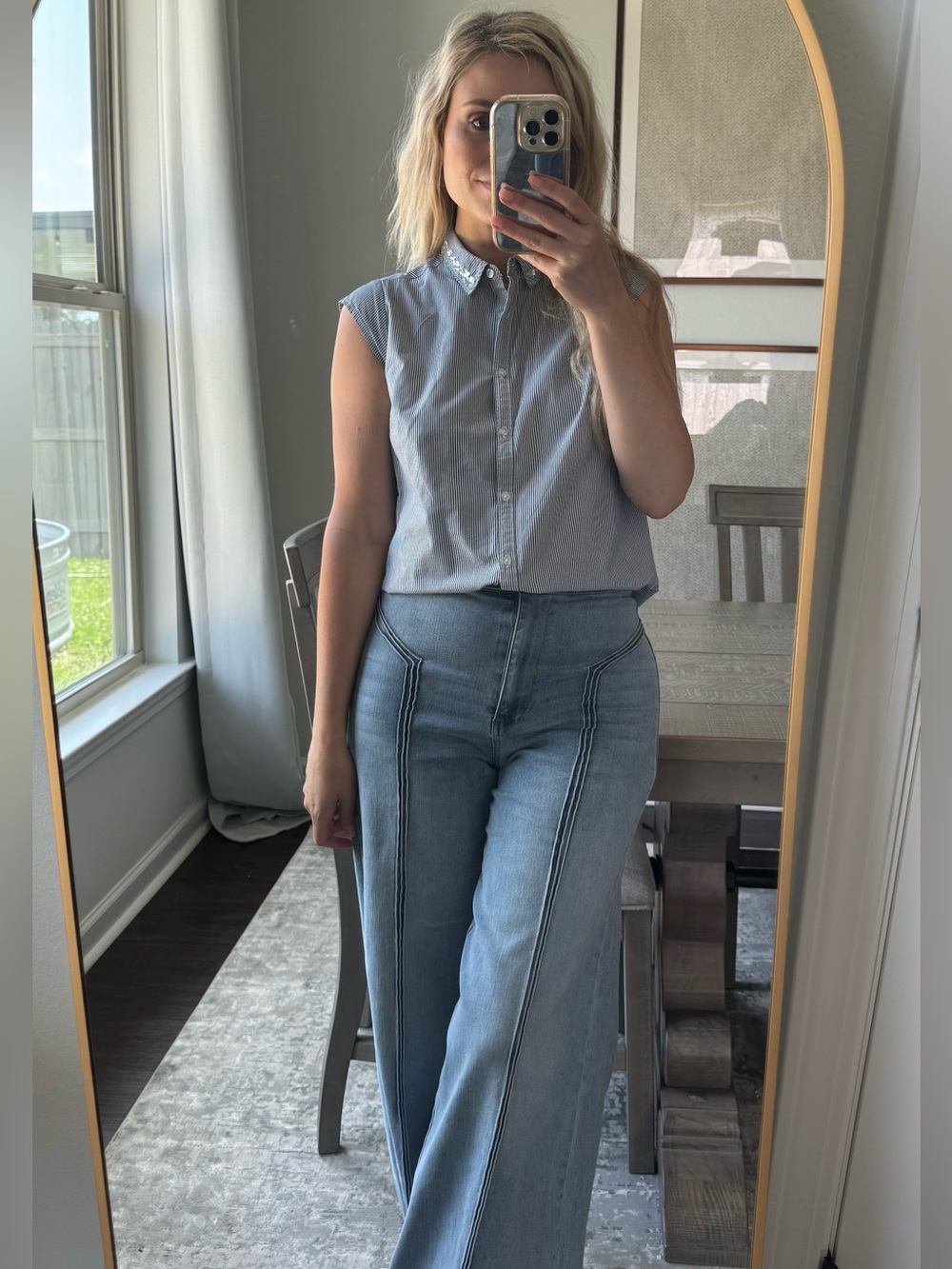 Sleeveless Striped Button-Down Shirt with Embellished Collar - Blue/White - Picture 4 of 12